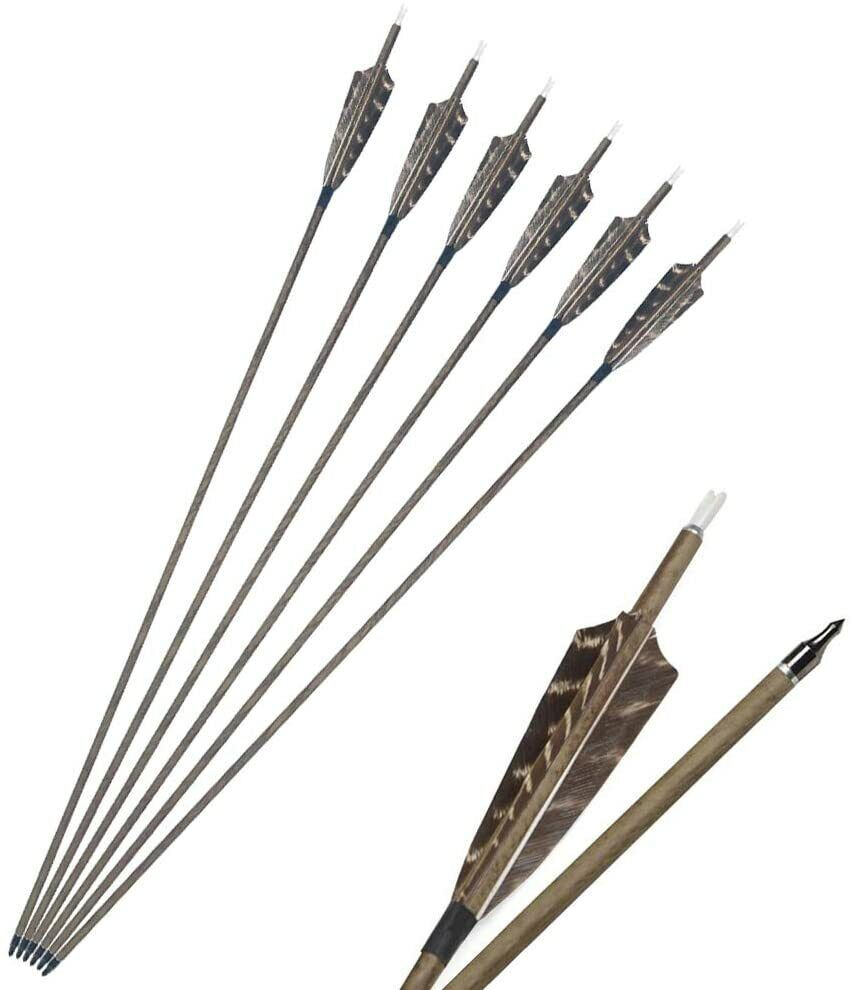 12pcs 30" Archery Pure Carbon Arrows SP350 Wood Skin Shaft Feathers Bow Target Hunting